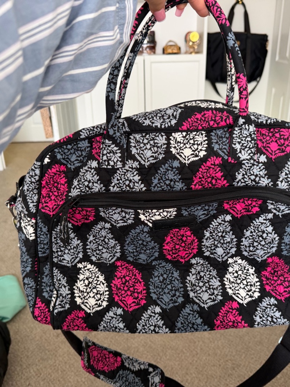 Vera Bradley Quilted Black Travel Duffel with Pink, Gray & White Floral